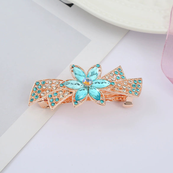Alloy Electroplated Rhinestone Crystal Flower Plate Ponytail Hair Spring Clip Hairpin For Women