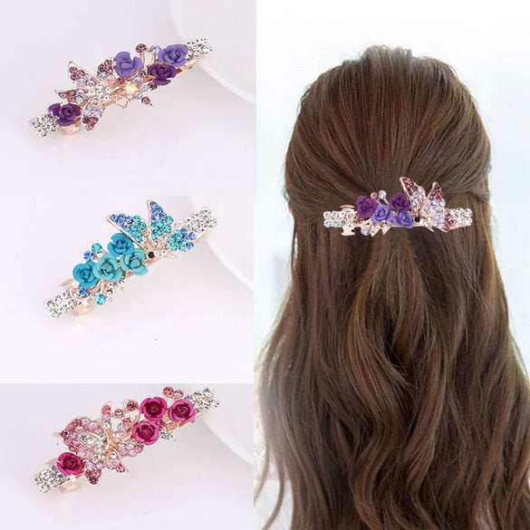Alloy Electroplated Rose Flower Rhinestone Butterfly Women's Hairpin Hair Accessory