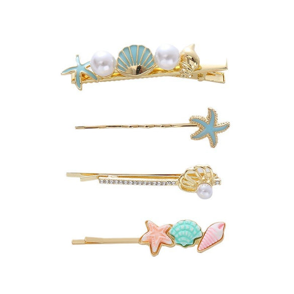 Alloy Electroplated Starfish Shell Pearl Cartoon Side Hairpin For Women