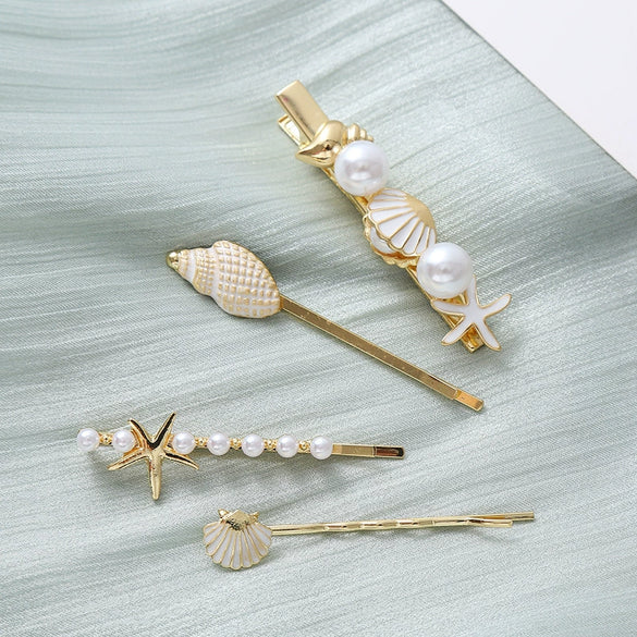 Alloy Electroplated Starfish Shell Pearl Cartoon Side Hairpin For Women