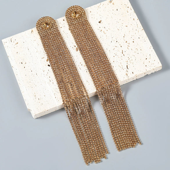 Alloy Encrusted Rhinestone Long Tassel Earrings Trendy Women's Fashionable Earrings