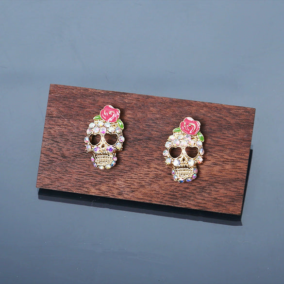 Alloy Exaggerated Punk Style Retro Cartoon Characters Rose Skull Microinlaid Women's Jewelry Earrings