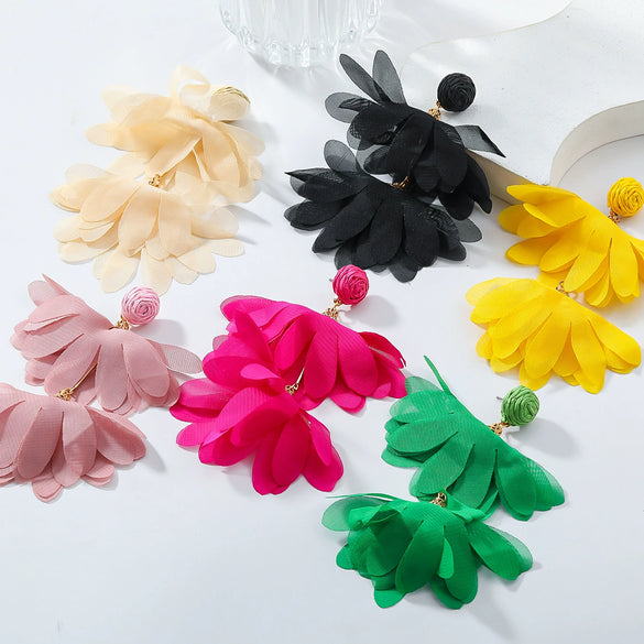 Alloy Fabric Handmade Geometric Round Petal Tassel Earrings For Women With Diamond Treatment