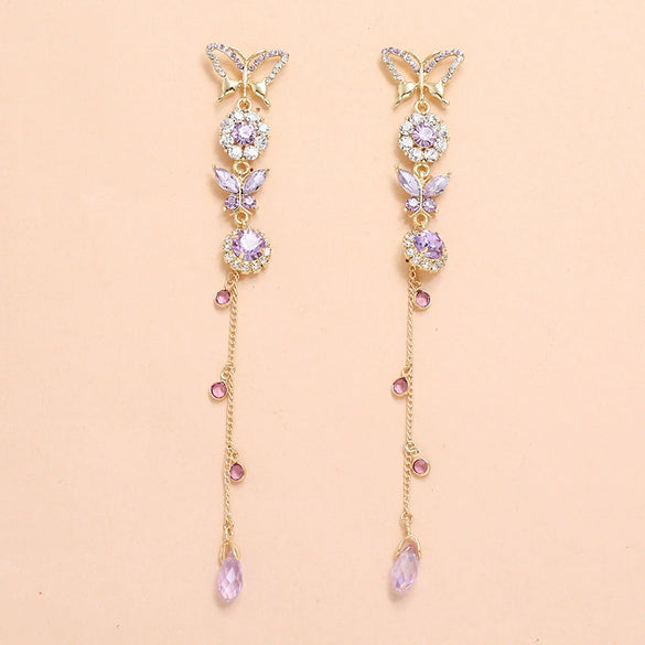 Alloy Fashion Cool Purple Butterfly Long Tassel Earrings With Diamond Design