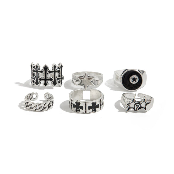 Alloy Fivepointed Star Cross And Circle Punk Ring Set With Polished Electroplated Finish Unisex Geometric Fashion Jewelry