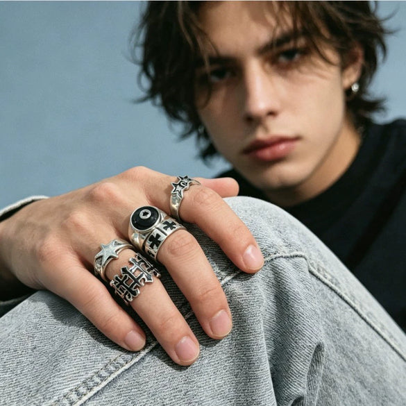 Alloy Fivepointed Star Cross And Circle Punk Ring Set With Polished Electroplated Finish Unisex Geometric Fashion Jewelry