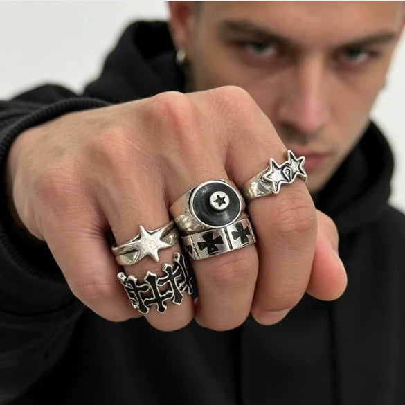 Alloy Fivepointed Star Cross And Circle Punk Ring Set With Polished Electroplated Finish Unisex Geometric Fashion Jewelry