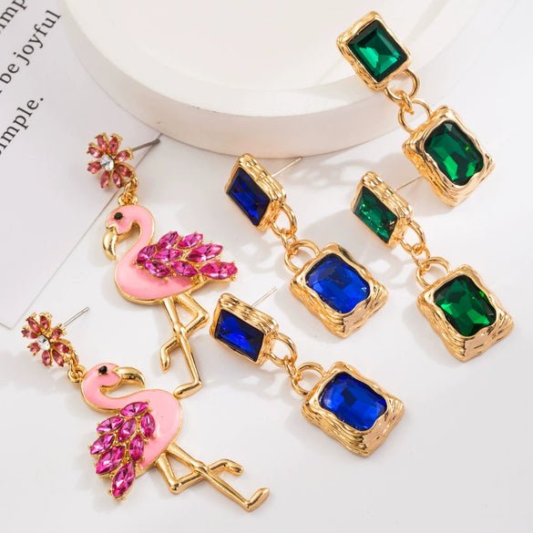 Alloy Flamingo Diamondencrusted Earrings With S925 Silver Needle Square Multilayer Design For Women