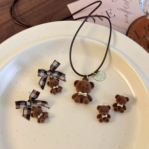 Alloy Flocking Animal Cartoon Bow Plush Bear Women's Earrings