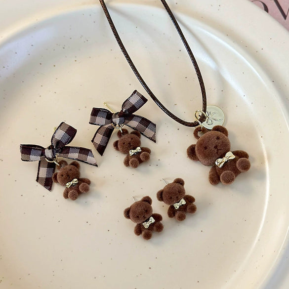 Alloy Flocking Animal Cartoon Bow Plush Bear Women's Earrings