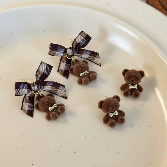 Alloy Flocking Animal Cartoon Bow Plush Bear Women's Earrings