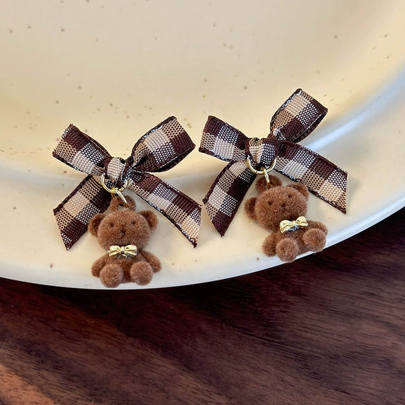 Alloy Flocking Animal Cartoon Bow Plush Bear Women's Earrings