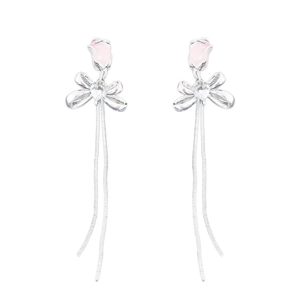 Alloy Flower Dripping Oil Sweet Style Rose Bow Tassel Earrings For Women