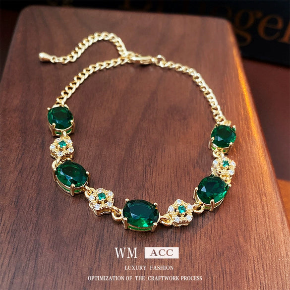 Alloy Flower Emerald Diamond Light Luxury Women's Bracelet With Gold Electroplating