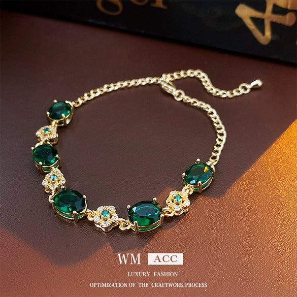 Alloy Flower Emerald Diamond Light Luxury Women's Bracelet With Gold Electroplating