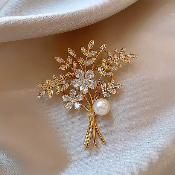 Alloy Flower Leaf Pearl Women's Brooch Electroplating Design Clothes Accessories