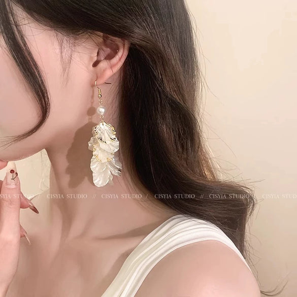 Alloy Flower Petal Tassel Pearl Electroplated Women's Earrings