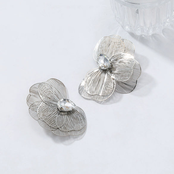 Alloy Flower Petals Diamondencrusted Earrings For Women