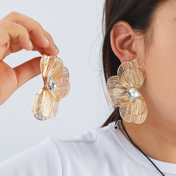 Alloy Flower Petals Diamondencrusted Earrings For Women
