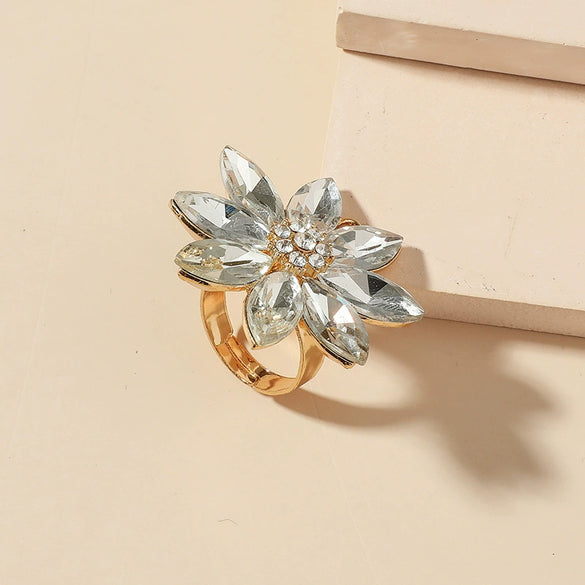 Alloy Flower Ring With Diamond Accent Retro Creative Open Adjustable Band For Unisex