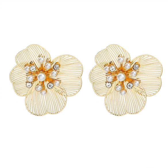 Alloy Flower Stud Earrings For Women Set With Pearls