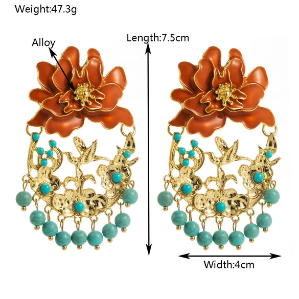 Alloy Flower Tassel Pin Earrings With Diamond Process For Women