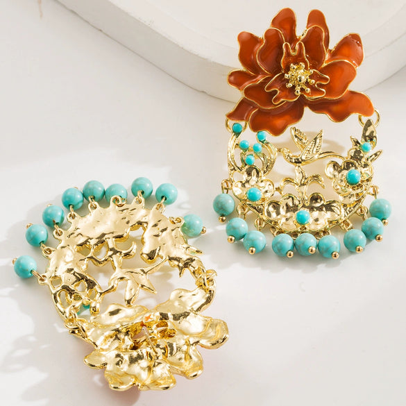 Alloy Flower Tassel Pin Earrings With Diamond Process For Women