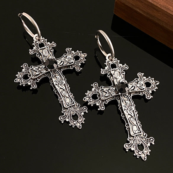 Alloy Flower Vine Cross Stud Earrings For Women Geometric Gothic Retro Hip Hop Exaggerated Electroplated