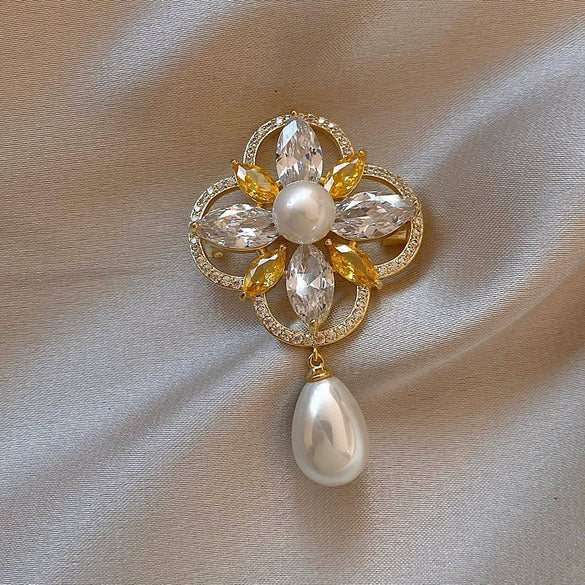 Alloy Flower Water Drop Pearl Brooch For Women Electroplated Autumn And Winter Coat Accessory