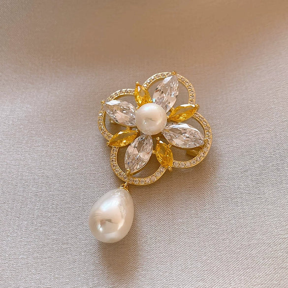 Alloy Flower Water Drop Pearl Brooch For Women Electroplated Autumn And Winter Coat Accessory