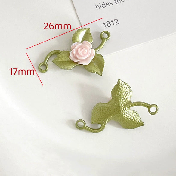 Alloy Fresh Green Leaf Camellia Lily Beaded Accessories With Dripping Oil Design For Bracelet Necklace Earrings Diy Handmade