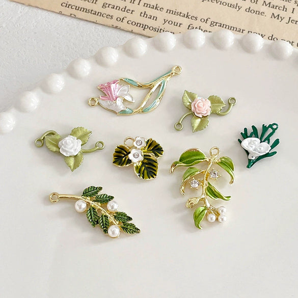 Alloy Fresh Green Leaf Camellia Lily Beaded Accessories With Dripping Oil Design For Bracelet Necklace Earrings Diy Handmade