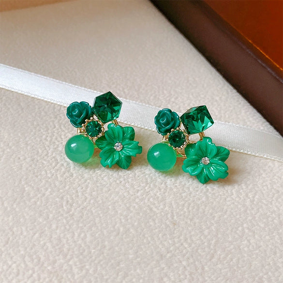 Alloy Fresh Style Flower Stud Earrings With Silver Needle Diamond Opal Crystal And Electroplating Treatment