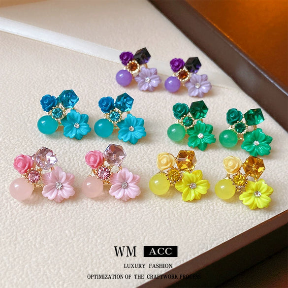 Alloy Fresh Style Flower Stud Earrings With Silver Needle Diamond Opal Crystal And Electroplating Treatment