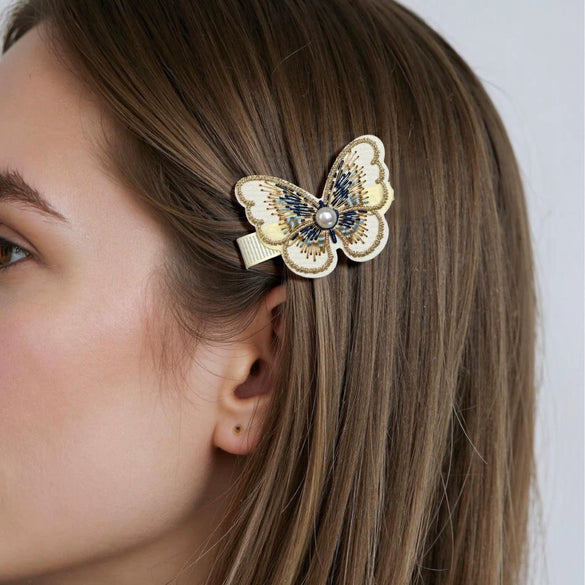 Alloy Freshwater Pearl Hairpin Duckbill Clip With Embroidery Butterfly Design For Women