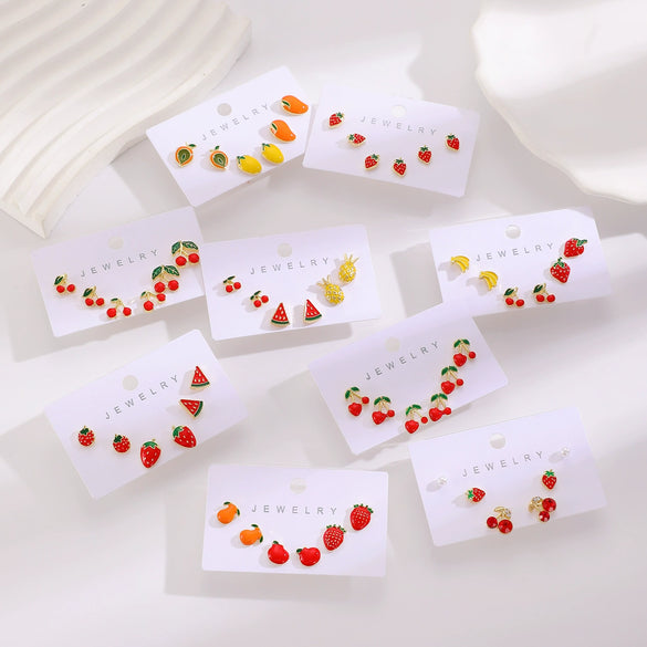 Alloy Fruit Earrings Cute Cartoon Cherry Watermelon Strawberry Electroplated For Women