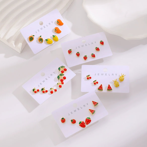 Alloy Fruit Earrings Cute Cartoon Cherry Watermelon Strawberry Electroplated For Women