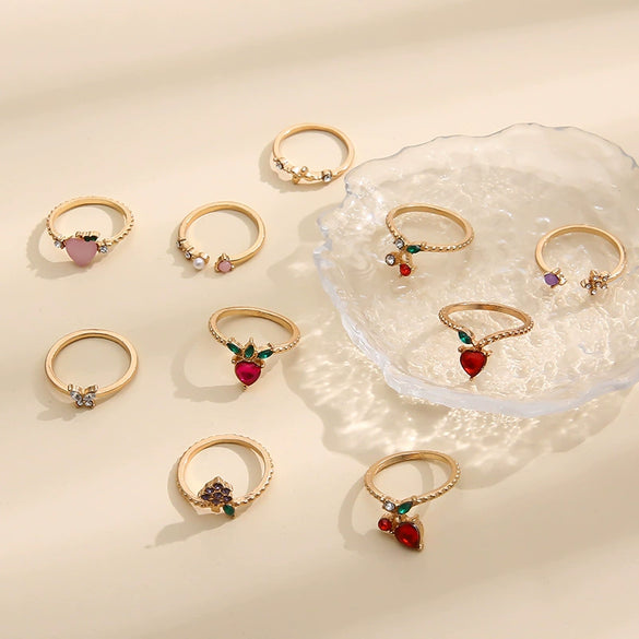 Alloy Fruit Series Apple Peach Strawberry Cherry Butterfly Grape Fun Unisex Rings With Geometric Pattern And Electroplating Treatment