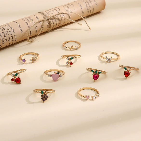 Alloy Fruit Series Apple Peach Strawberry Cherry Butterfly Grape Fun Unisex Rings With Geometric Pattern And Electroplating Treatment