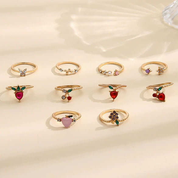 Alloy Fruit Series Apple Peach Strawberry Cherry Butterfly Grape Fun Unisex Rings With Geometric Pattern And Electroplating Treatment