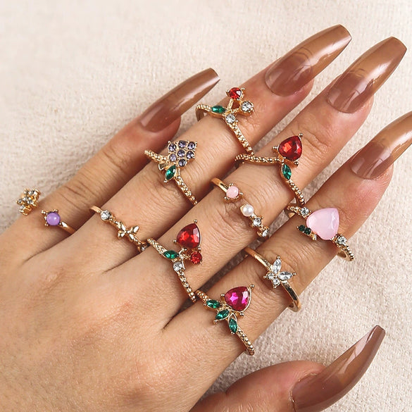 Alloy Fruit Series Apple Peach Strawberry Cherry Butterfly Grape Fun Unisex Rings With Geometric Pattern And Electroplating Treatment