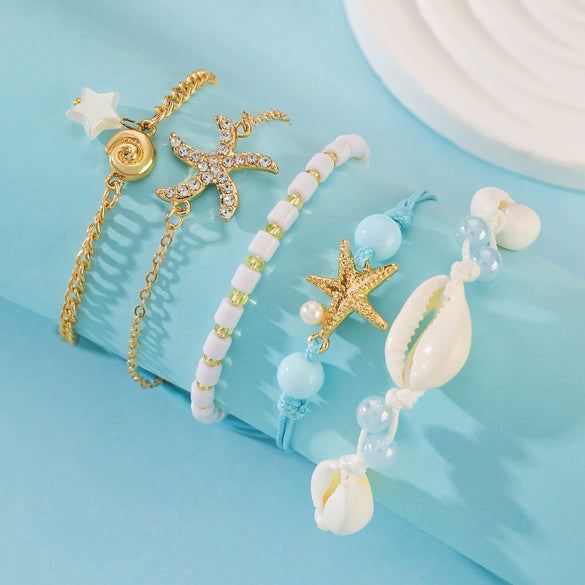 Alloy Geometric And Animal Style Handmade Beaded Chain Conch Starfish Bracelet For Women