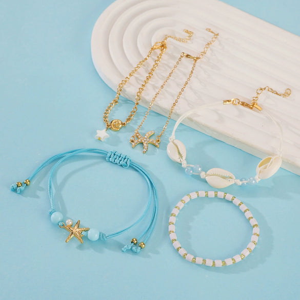Alloy Geometric And Animal Style Handmade Beaded Chain Conch Starfish Bracelet For Women