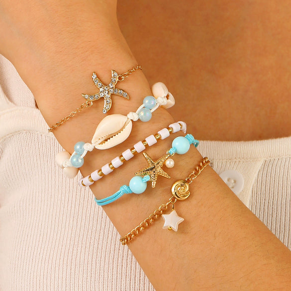 Alloy Geometric And Animal Style Handmade Beaded Chain Conch Starfish Bracelet For Women