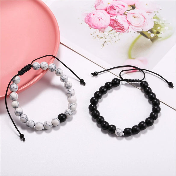 Alloy Geometric Black Frosted Lava Volcanic Stone Handmade Unisex Elastic Bracelet Set