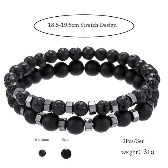 Alloy Geometric Black Frosted Lava Volcanic Stone Handmade Unisex Elastic Bracelet Set
