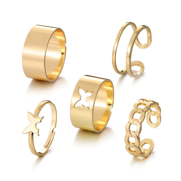 Alloy Geometric Butterfly Hollow Chain Ring Set Electroplated Unisex