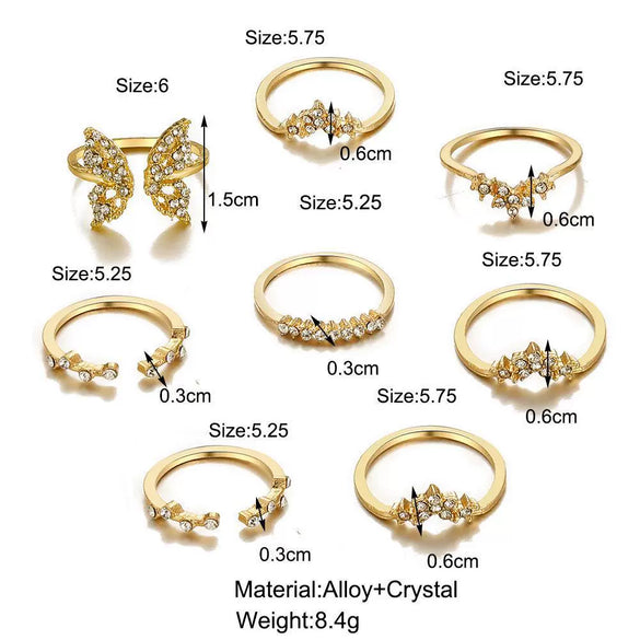 Alloy Geometric Butterfly Opening Ring Electroplated Light Luxury Unisex And Women's Eight Piece Set