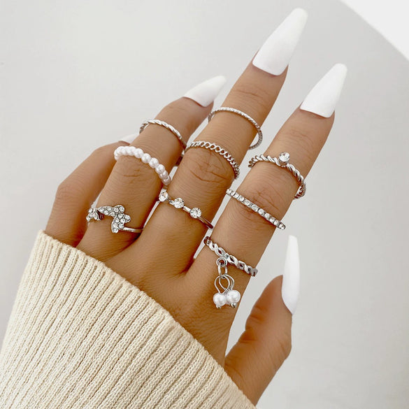 Alloy Geometric Butterfly Pearl Ring Electroplating Unisex 9Piece Set