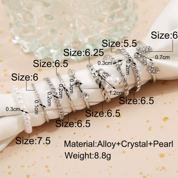 Alloy Geometric Butterfly Pearl Ring Electroplating Unisex 9Piece Set